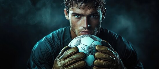 Determined soccer goalkeeper wearing gloves holding a worn soccer ball close to face with intense focused expression against dark smoky background