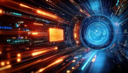 Futuristic digital tunnel with glowing orange and blue circuit-like patterns converging toward a central circular portal emitting radiant light, evoking motion and advanced technology