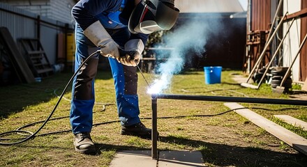Worker welding pipe in backyard