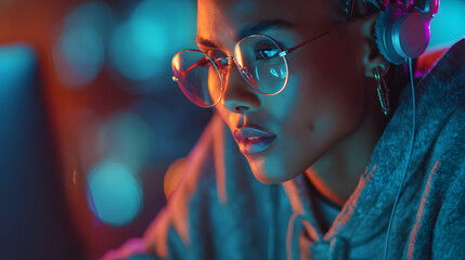 Young coder working on computer wearing headphones and glasses in a futuristic neon lit environment