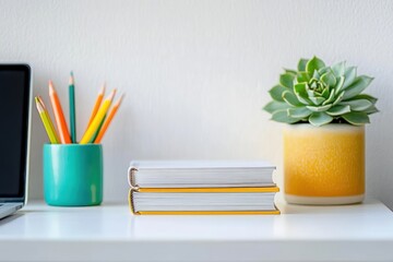 Minimalist workspace setup with stacked books, colorful pencils in turquoise holder, succulent plant in yellow pot, and partial view of laptop on white desk