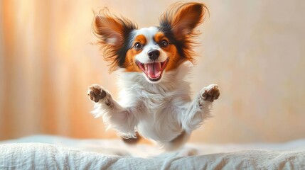 joyful small dog with floppy ears jumping towards the camera with an excited and happy expression indoors