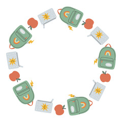 Simple school circle frame. Round school themed border made of different school objects. Soft pastel colors back to school hand drawn vector banner isolated on white background.