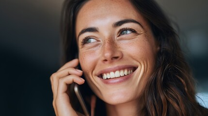 Fototapeta premium Happy Woman on Phone Call, Smiling, Freckles, Closeup Portrait,girl,person