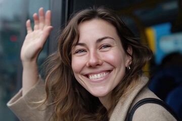 Smiling woman waving goodbye in natural daylight. A friendly gesture of farewell captured, showing pure joy and good energy. She radiates warmth and optimism, sharing a friendly moment with the world