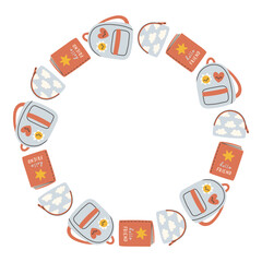 Simple school circle frame. Round school themed border made of different school objects. Soft pastel colors back to school hand drawn vector banner isolated on white background.