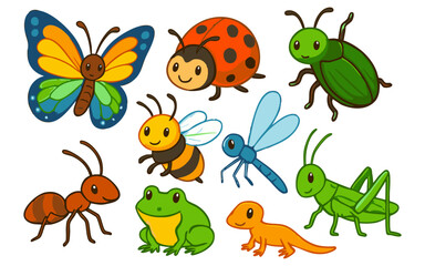 Vector art of a cheerful assortment of colorful insects and small creatures, including a butterfly, ladybug, bee, ant, and frog isolated on transparent background