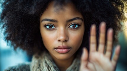 person with natural afro hairstyle wearing a knitted scarf raises hand towards the camera indicating stop or blocking gesture in an outdoor setting