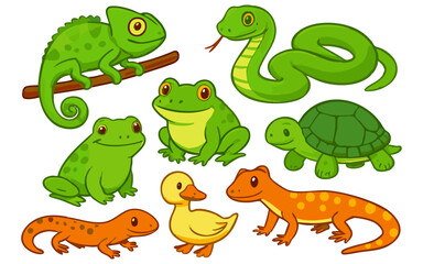 Vector art of a lively group of green and orange reptiles and amphibians, featuring a chameleon, snake, frogs, turtle, duck, and lizards isolated on transparent background