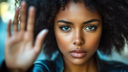 Person with afro hairstyle raising hand towards camera expressing a gesture of stopping or refusal, with blurred background