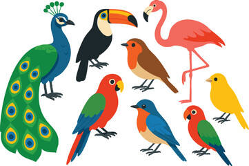 Vector art of a delightful collection of diverse birds, including a peacock, toucan, flamingo, parrots, robin, bluebird, and yellowbird isolated on transparent background