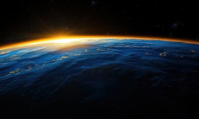 Fototapeta premium Sunrise over the Earth viewed from space showing glowing horizon, blue atmosphere, scattered clouds, and distant stars in the dark sky