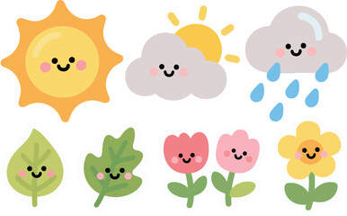 Fototapeta premium Cute weather and nature elements with smiling faces isolated on transparent background