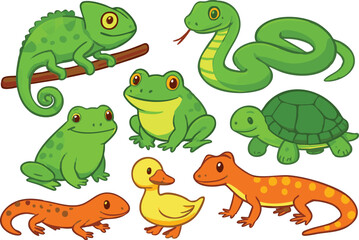 Naklejka premium Vector art of a lively group of green and orange reptiles and amphibians, featuring a chameleon, snake, frogs, turtle, duck, and lizards isolated on transparent background