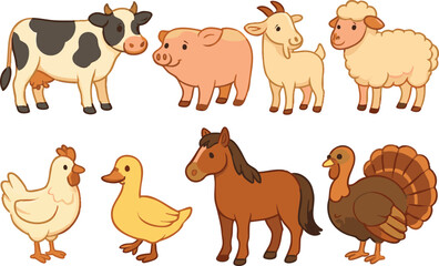 Vector art of a charming collection of cartoon farm animals including a cow, pig, goat, sheep, chicken, duck, horse, and turkey isolated on transparent background