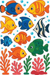 Vector art of a delightful underwater scene featuring a variety of colorful cartoon fish swimming amongst vibrant coral and bubbles isolated on transparent background