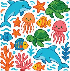 Vector art of a whimsical underwater world filled with friendly cartoon dolphins, turtles, jellyfish, fish, and starfish in vibrant colors isolated on transparent background