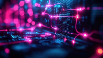 Close-up view of illuminated circuit board with glowing neon pink and blue connections symbolizing digital data flow and futuristic technology