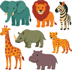 Vector art of a vibrant group of cute safari animals like an elephant, lion, zebra, giraffe, rhino, and leopard isolated on transparent background