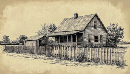 Early 20th Century Architectural Sketch on Aged Paper: Simple Rural Home with Picket Fence 109