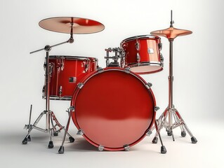 Shiny red drum set with bass drum, toms, hi-hat, and cymbals on chrome stands set against a plain white background