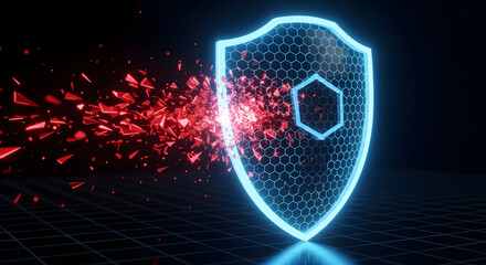 Dynamic cybersecurity shield breaking apart virtual environment digital art futuristic concept