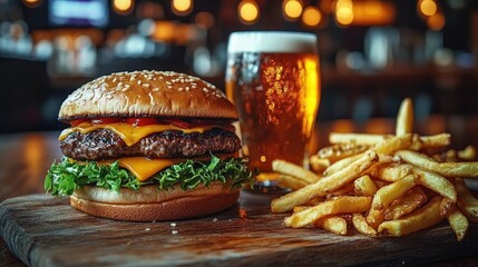 Juicy cheeseburger with lettuce and ketchup on sesame bun served with crispy golden French fries and a cold glass of beer on wooden table in cozy restaurant setting