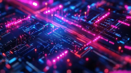 Obraz premium Close-up view of a glowing futuristic circuit board with neon pink and blue lights illustrating advanced technology and electronic pathways