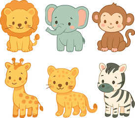 Vector art of a delightful set of baby safari animals including a lion, elephant, monkey, giraffe, leopard, and zebra isolated on transparent background