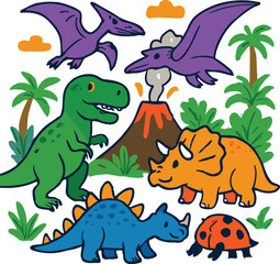 Vector art of a vibrant prehistoric scene featuring a variety of friendly dinosaurs and a smoking volcano, perfect for childrens illustrations isolated on transparent background