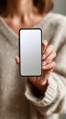 Womans Hand Holding Smartphone with Blank Screen, Mockup for App Presentation,app,template
