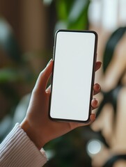 Womans Hand Holding Smartphone with Blank Screen, Mockup for App Presentation,digital,design