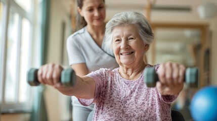 Senior Woman Exercising with Light Weights, Assisted by a Therapist,bright,ahppy
