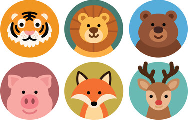 Naklejka premium Cute cartoon animal faces in oval shapes isolated on transparent background
