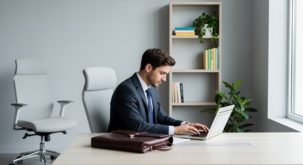 A focused businessman sits at his desk in a modern , diligently working on his laptop computer while reviewing documents.