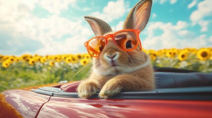 Cute brown rabbit wearing oversized orange sunglasses sitting in a red convertible car with a sunflower field and blue sky in the background