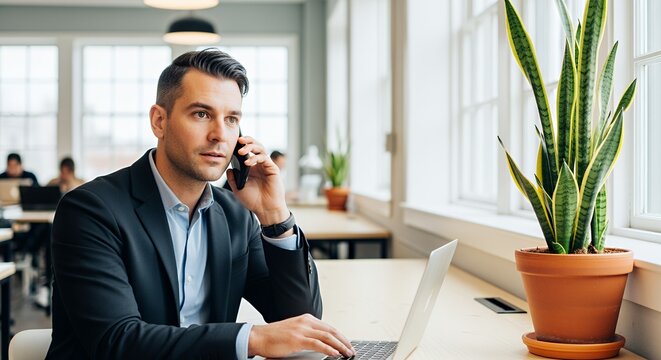 A focused young professional man works on his laptop while taking a business call in a modern, bright .