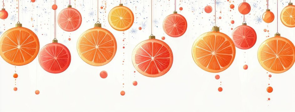 Illustration of hanging sliced citrus fruits with orange and red hues on white background creating a fresh and festive atmosphere