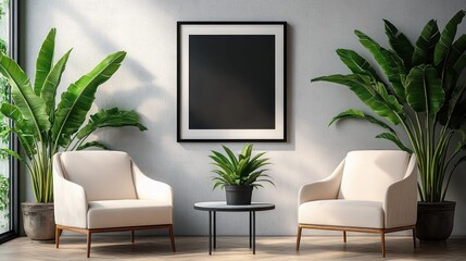 Minimalist modern living room with two beige armchairs, tall green potted plants, a small black round table with a potted plant, and a blank black square picture frame on a textured gray wall