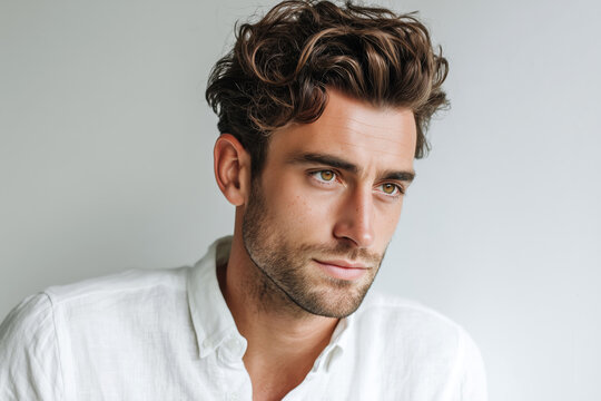 Close-up of a young man with tousled hair and light stubble wearing a white shirt, set against a clean, neutral background