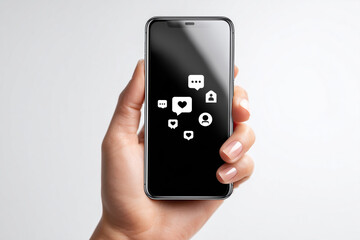 Close-up of a female hand holding a modern smartphone displaying white social media icons on a black screen, symbolizing digital communication and online engagement