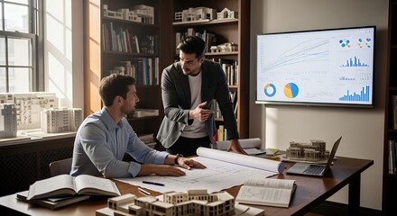 Two architects review blueprints and discuss a project's progress, using a large screen displaying charts and graphs in a modern .