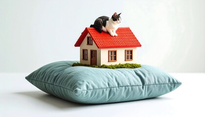 Fototapeta na wymiar Conceptual image showcasing pet ownership and home ownership with a cat atop a model house