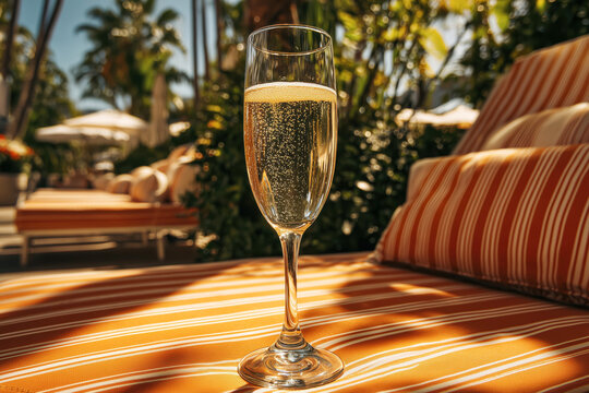 Flute of sparkling wine placed on a softly lit orange striped lounge chair at an upscale resort surrounded by tropical plants and relaxing outdoor seating - Powered by Adobe