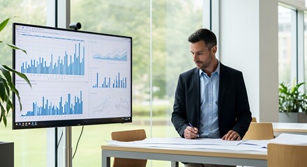A focused businessman reviews financial data displayed on a large monitor while working at his desk.
