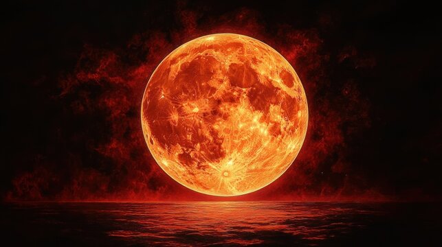 Fiery red full moon glowing above dark water surface with intense red smoke or clouds in the background evoking a dramatic and mysterious atmosphere