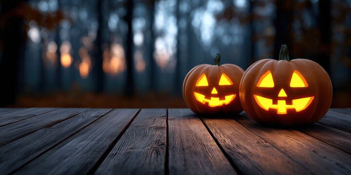 Two glowing jack-o’-lanterns on a rustic blank wooden table for product placement in a dark forest at twilight