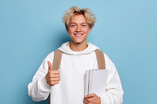 Smiling teenage student wearing a hoodie and backpack, holding notebooks and giving a thumbs up against a blue background