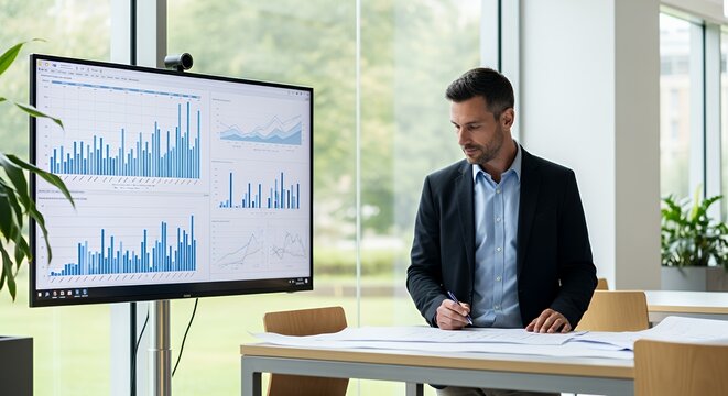 A focused businessman reviews financial data displayed on a large monitor while working at his desk.
