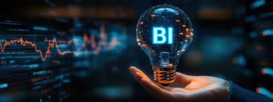 Hand holding illuminated light bulb with digital data patterns and glowing letters BI representing business intelligence concept in dark futuristic environment